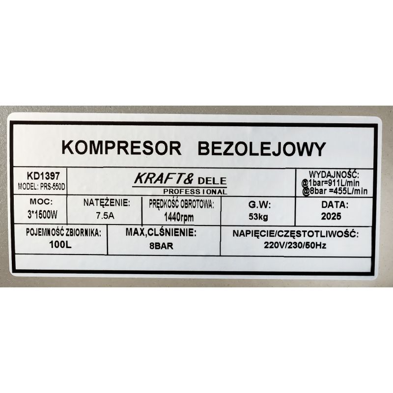 Kompresor bezolejowy 100L 3 x 1500W KD1397
