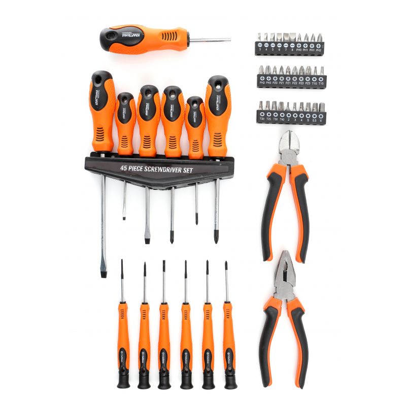 Zestaw śrubokrętów, szczypiec i bitów 45szt. . KD10893