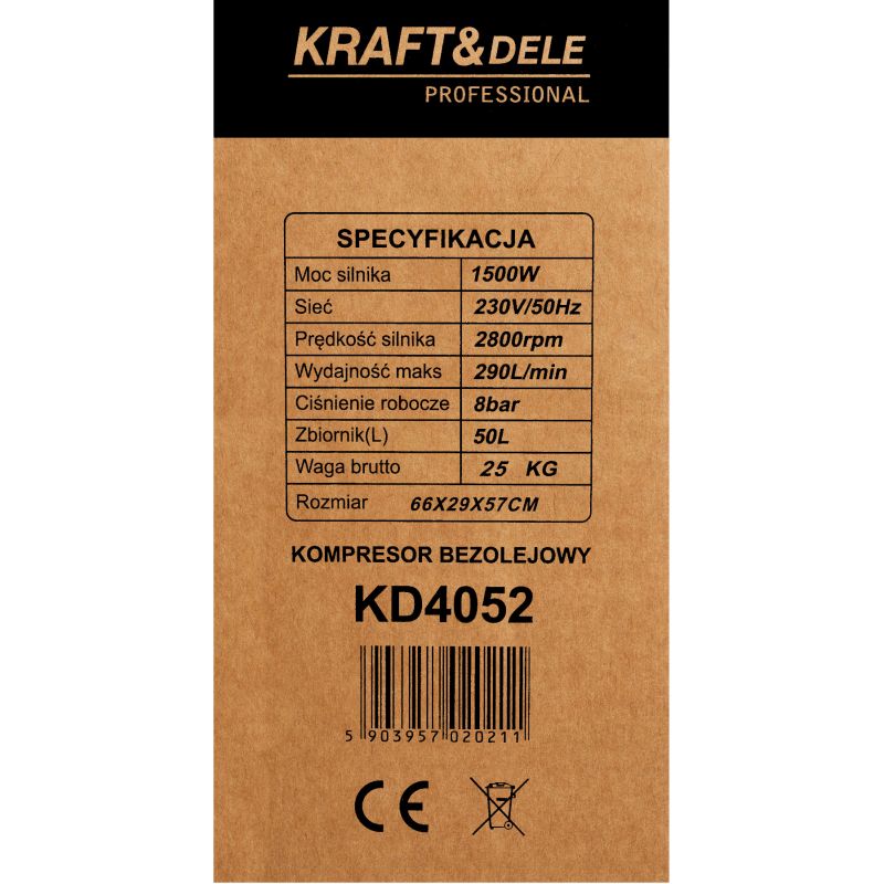 Bezolejový kompresor 50L, 1500W, 290L/min, KD4052
