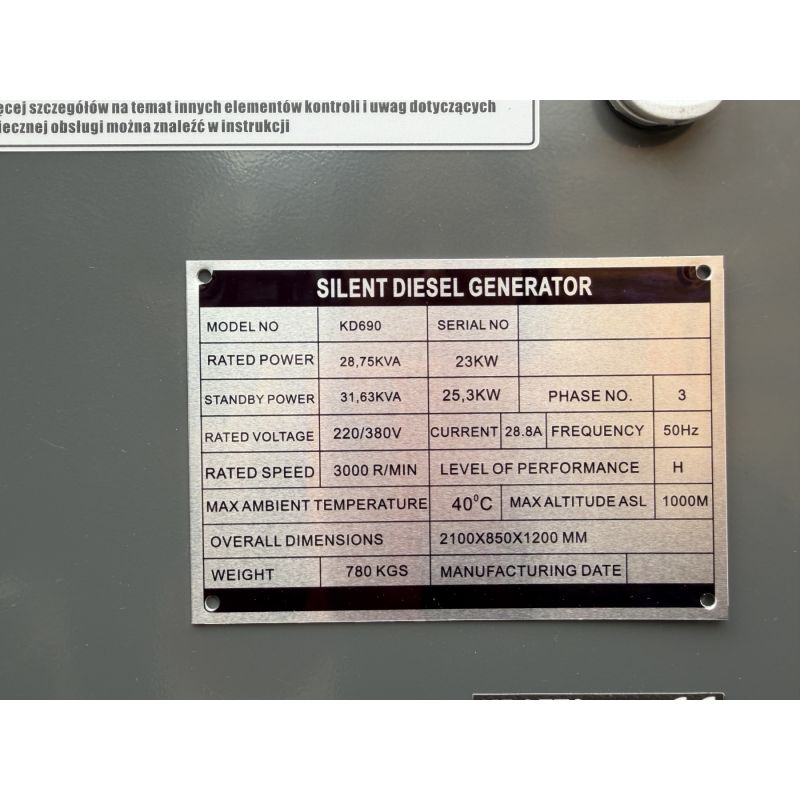 Agregat prądotwórczy DIESEL 23/25,3kW KD690