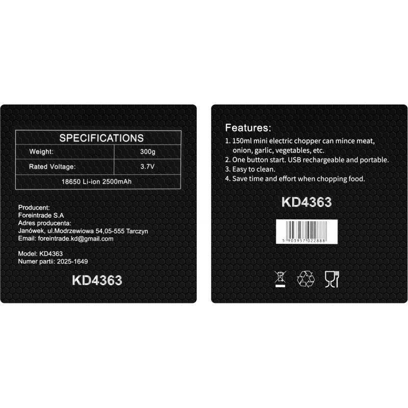Rozdrabniacz akumulatorowy do mięsa i warzyw 150ml KD4363