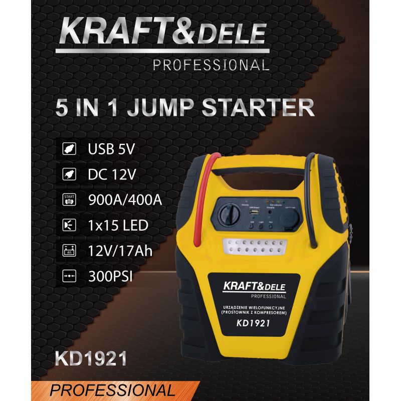Jump starter 5W1 - urządzenie wielofunkcyjne - rozruch, kompresor, latarka KD1921