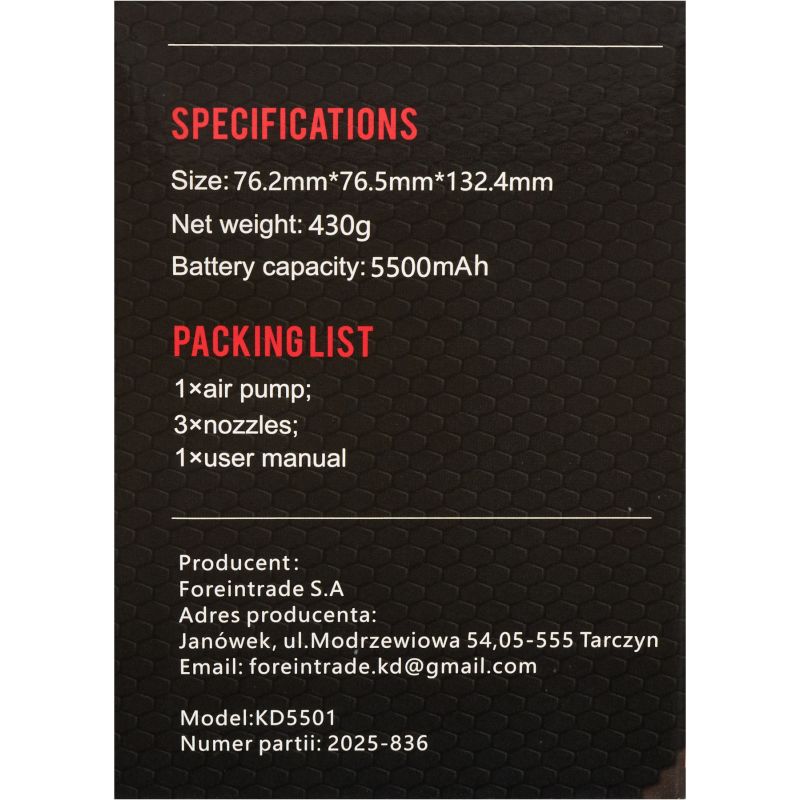 Pompka akumulatorowa usb-c 5500mAh + końcówki KD5501
