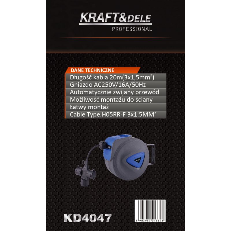 Przedłużacz ze zwijaczem 3x1,5mm 20m KD4047
