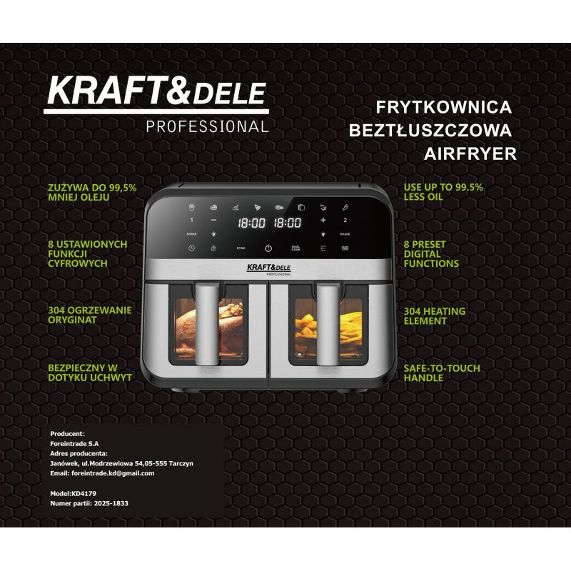 Beztuková fritéza 9L 2500W dve oddelenia 4,5L + LCD KD4179