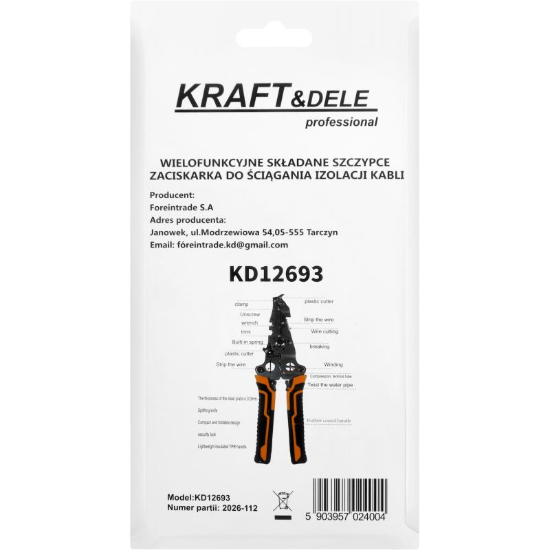 Wielofunkcyjne składane szczypce, zaciskarka do ściągania izolacji kabli KD12693