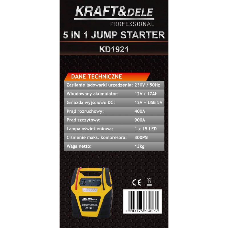 Jump starter 5W1 - urządzenie wielofunkcyjne - rozruch, kompresor, latarka KD1921
