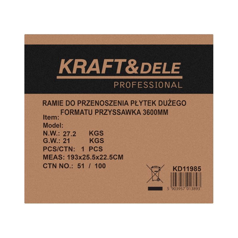 Zestaw do przenoszenia płytek dużego rozmiaru 3600mm + przyssawki KD11985