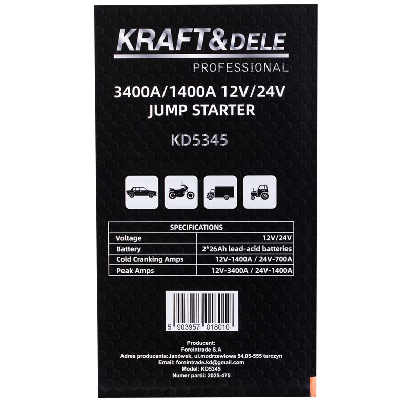 Jump-starter 3400/1400A 12/24V+OŚWIETLENIE KD5345
