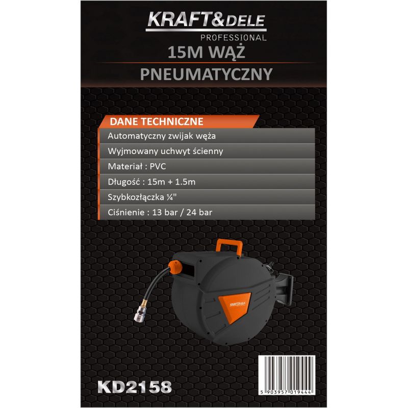 Vzduchová hadica navíjacia, pneumatická, 15 m + 1,5 m, 1/4", KD2158