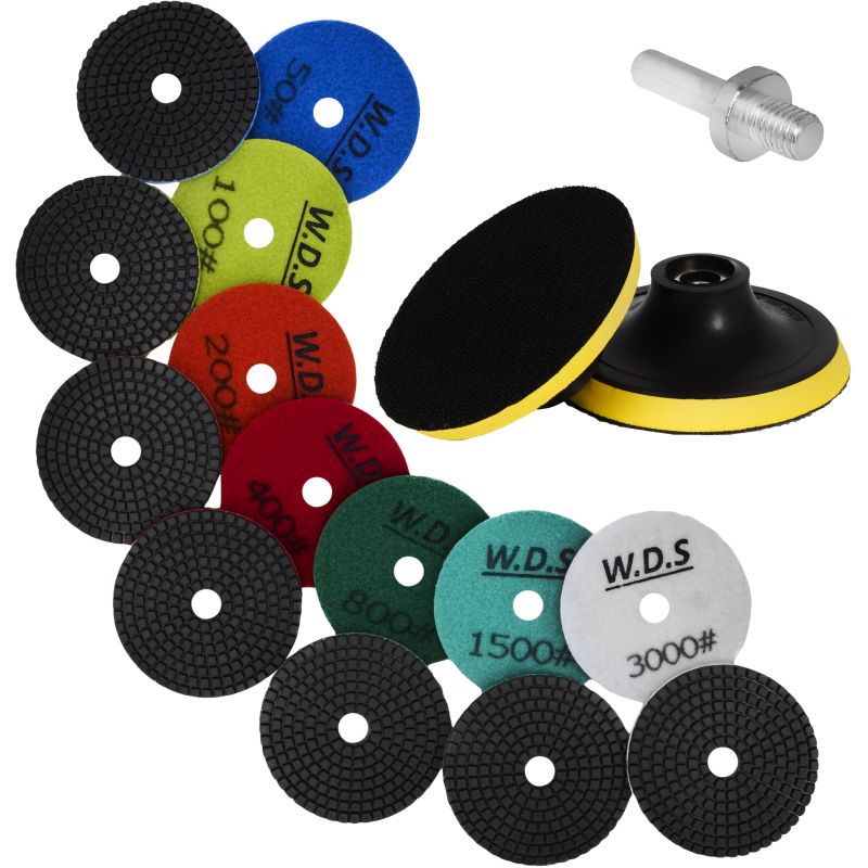 Zestaw tarcz diamentowych gradacja 50 - 3000, adapter M12, dysk, rękawiczki WDS2212