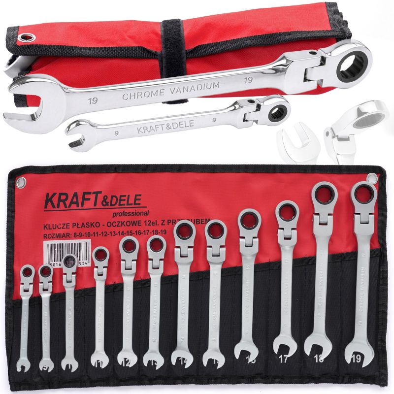 Klucze płasko oczkowe z grzechotką łamane 12el. 8-19mm KD10947