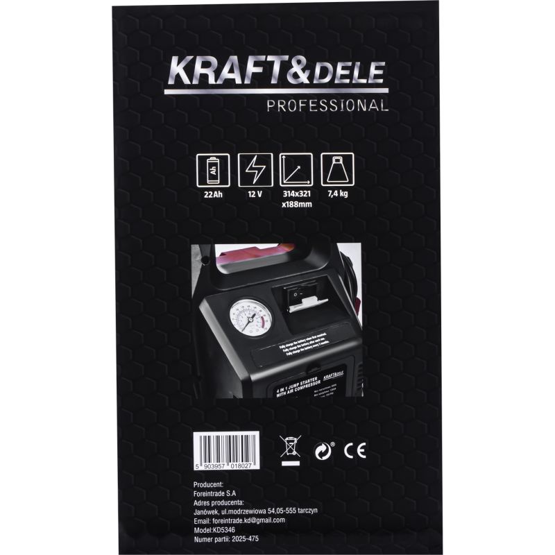 Jump-starter 4w1 1200/600A 22Ah 12V + oświetlenie + kompresor KD5346