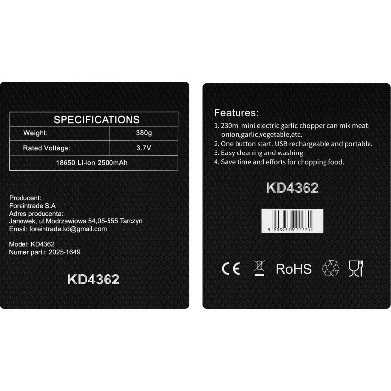 Rozdrabniacz akumulatorowy do mięsa i warzyw 230ml KD4362