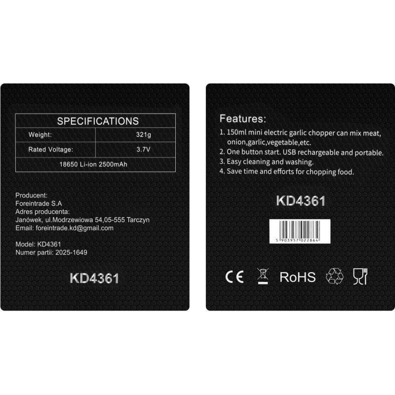 Rozdrabniacz akumulatorowy do mięsa i warzyw 150ml KD4361