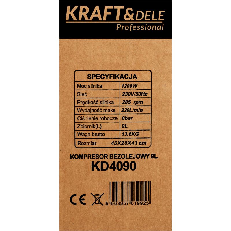 Kompresor bezolejowy 9L 230V 1200W KD4090