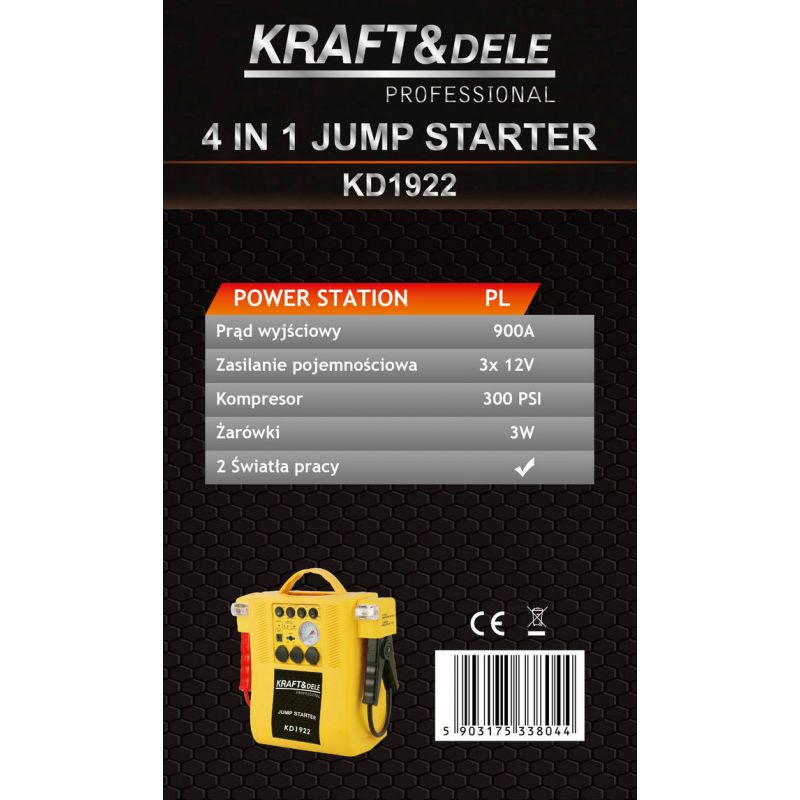 Jump starter 4W1 - urządzenie wielofunkcyjne - rozruch, kompresor, latarka KD1922