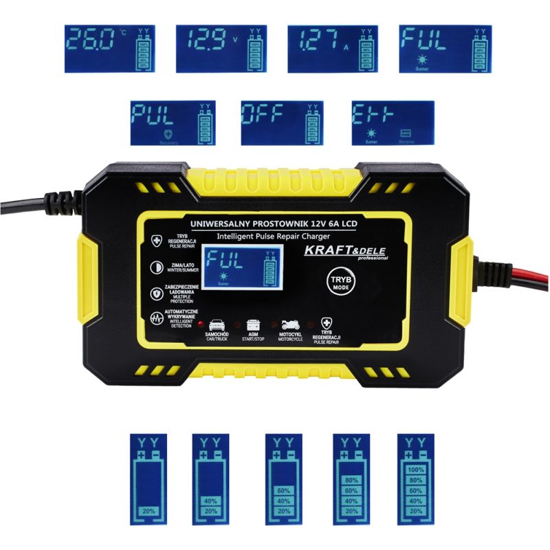 Automatyczny prostownik akumulatorowy LCD 12V / 6A KD1290