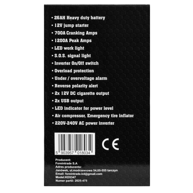 Jump-starter 1200/700A 26Ah 12V inwerter KD5347