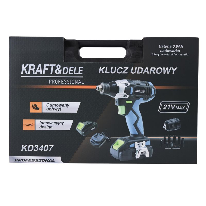 Klucz udarowy akumulatorowy 21V - zestaw z nasadkami KD3407